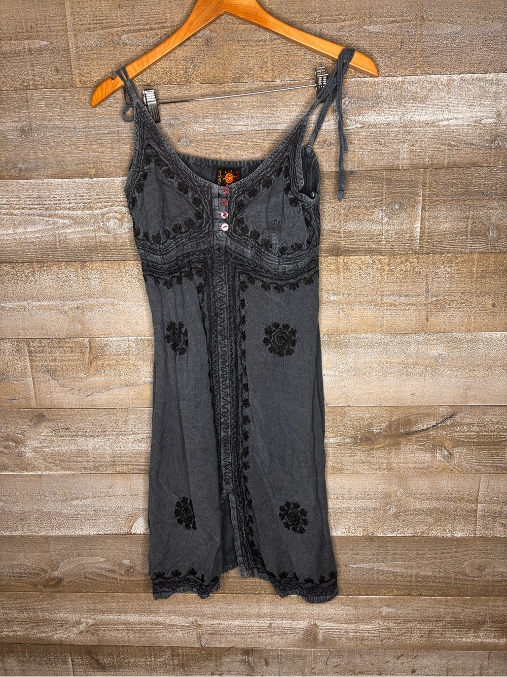 Raya Sun rayon boho hippie Tie-Shoulder Embroidered navy Slip Dress art to wear